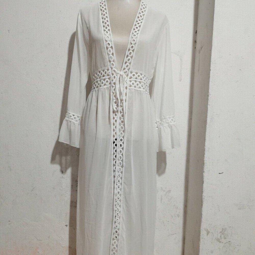 bohowhite crochet/lace detailed tie front kimono coverup - Picture 12 of 14